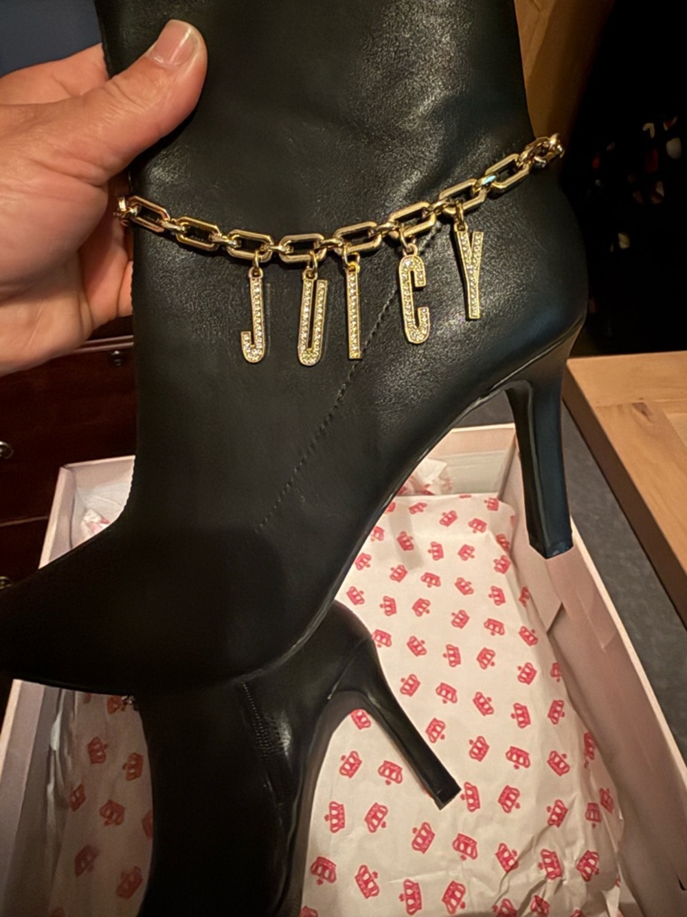Juicy Couture Black Leather Ankle Boots with Gold Charm Chain